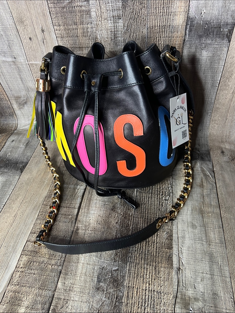 Moschino Black Leather Bucket Bag with Multicolor Lettering